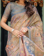 Rust Beige Handloom Cotton Saree with Royal Animal Caravan & Scenic Village Pallu