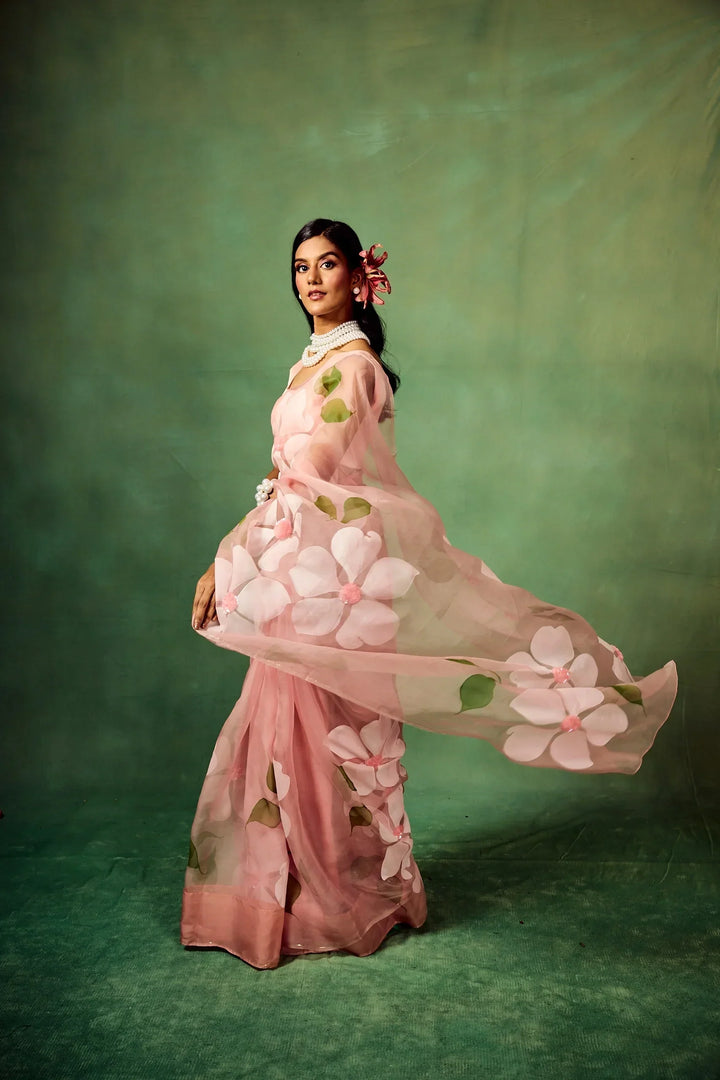Blush Pink Pure Organza Hand-Painted Saree with White Floral Motifs & Sequins | With Modal Satin Blouse