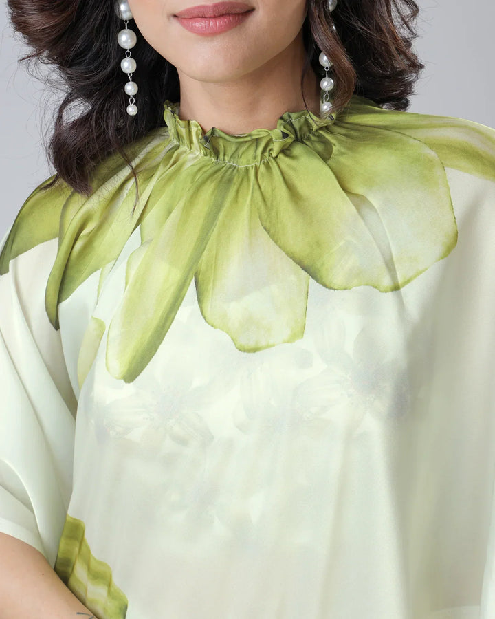 Mint Bloom Designer Freehand Floral Print Saree in Georgette Satin – Ready to Wear Elegance