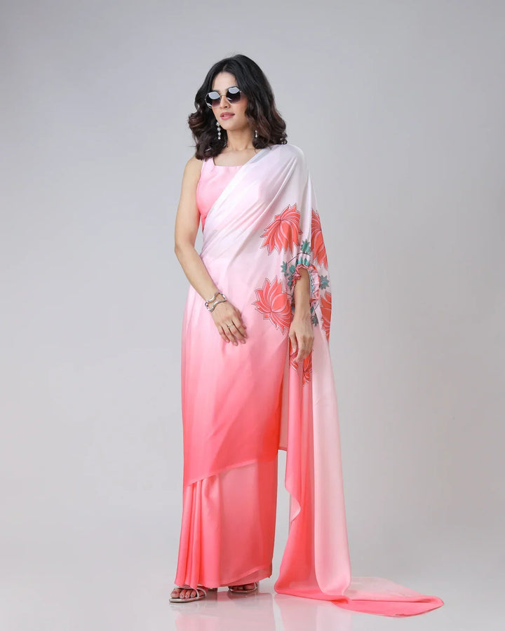 Blush Pink Ombre Freehand Floral Print Saree in Georgette Satin – Ready to Wear Designer Elegance