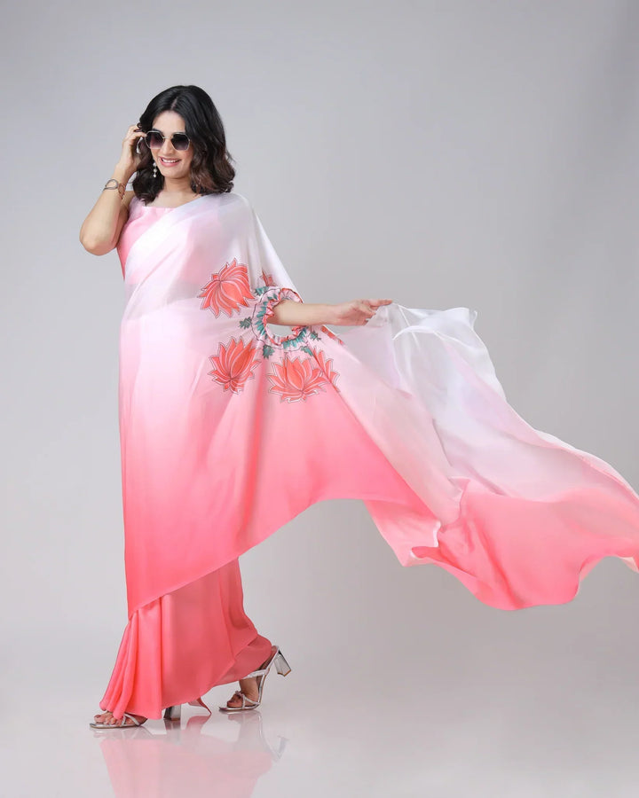 Blush Pink Ombre Freehand Floral Print Saree in Georgette Satin – Ready to Wear Designer Elegance