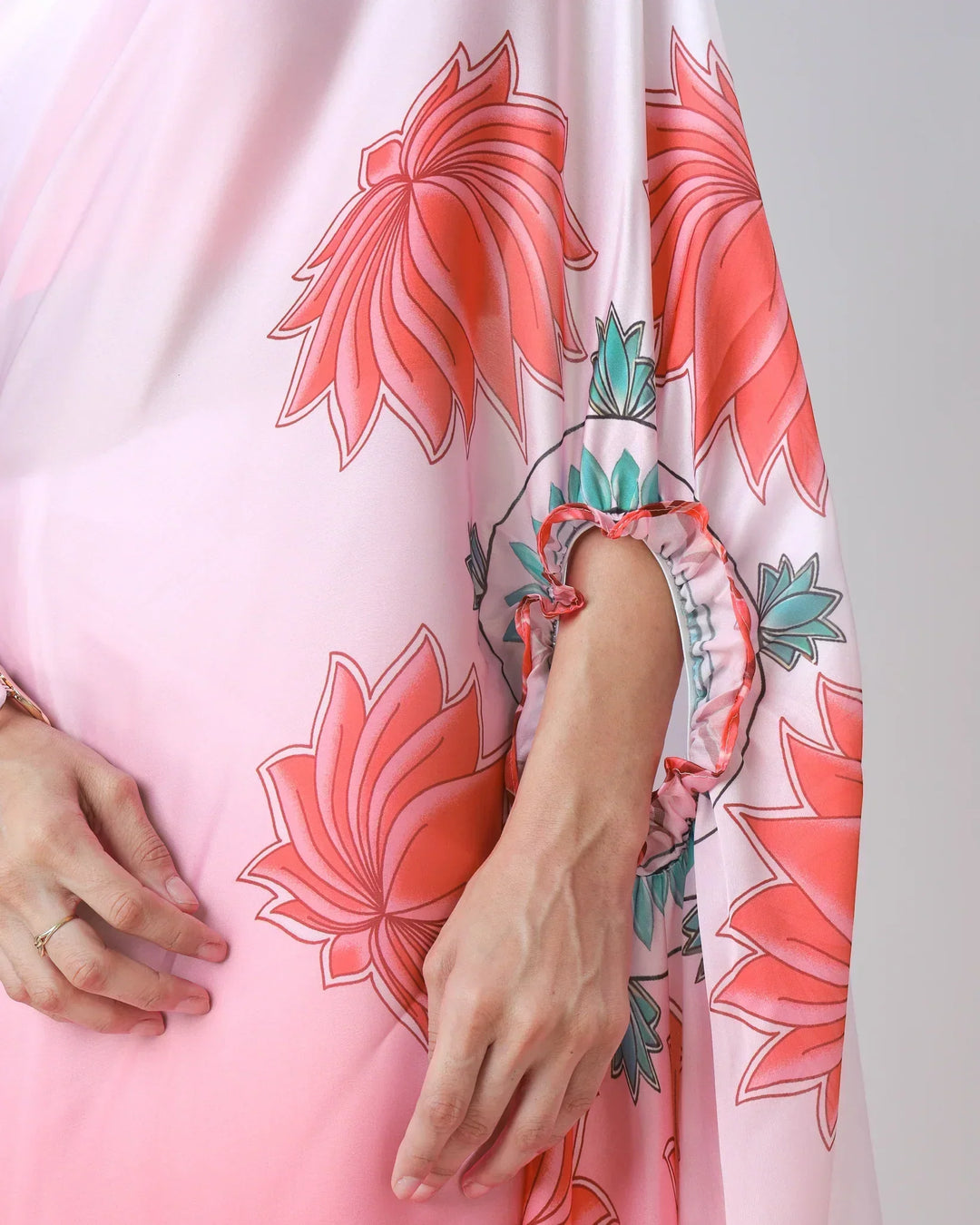 Blush Pink Ombre Freehand Floral Print Saree in Georgette Satin – Ready to Wear Designer Elegance