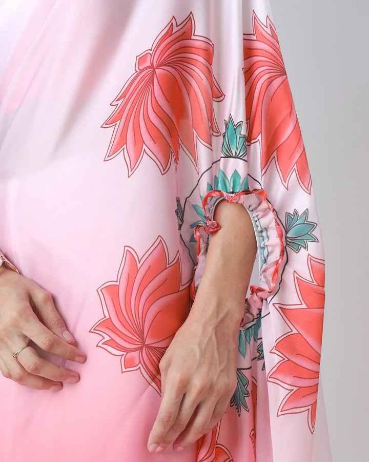 Blush Pink Ombre Freehand Floral Print Saree in Georgette Satin – Ready to Wear Designer Elegance
