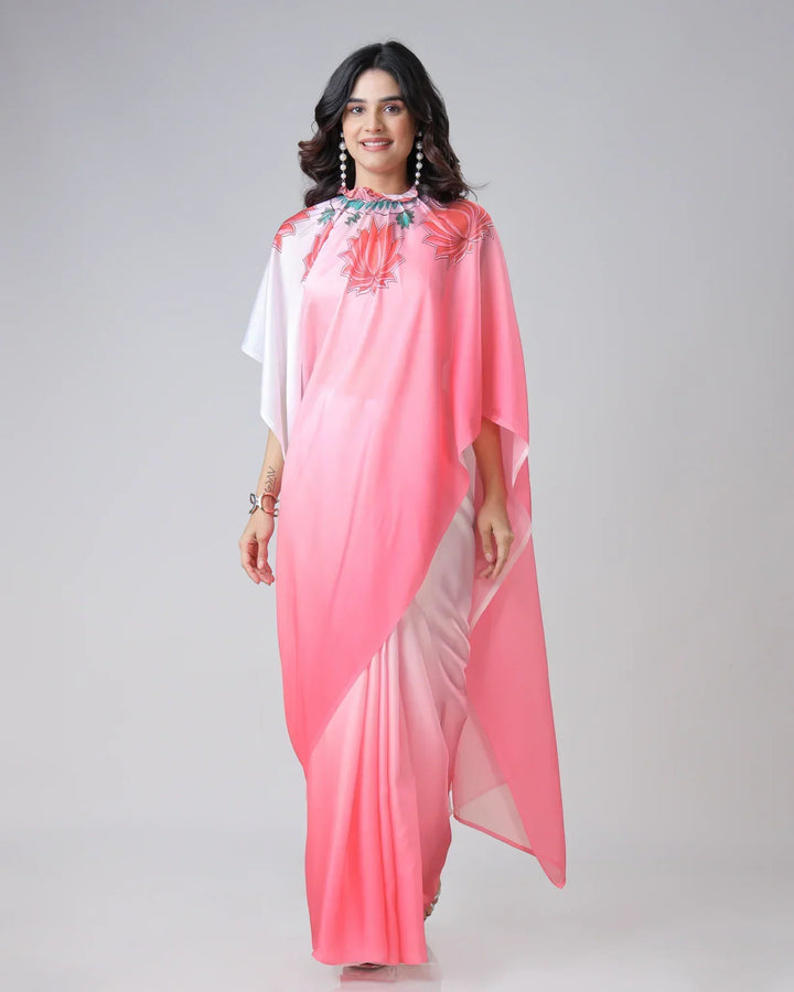 Blush Pink Ombre Freehand Floral Print Saree in Georgette Satin – Ready to Wear Designer Elegance