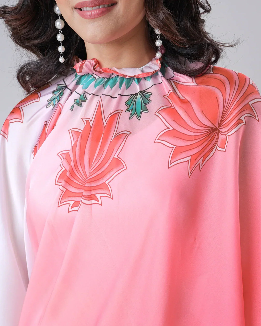 Blush Pink Ombre Freehand Floral Print Saree in Georgette Satin – Ready to Wear Designer Elegance