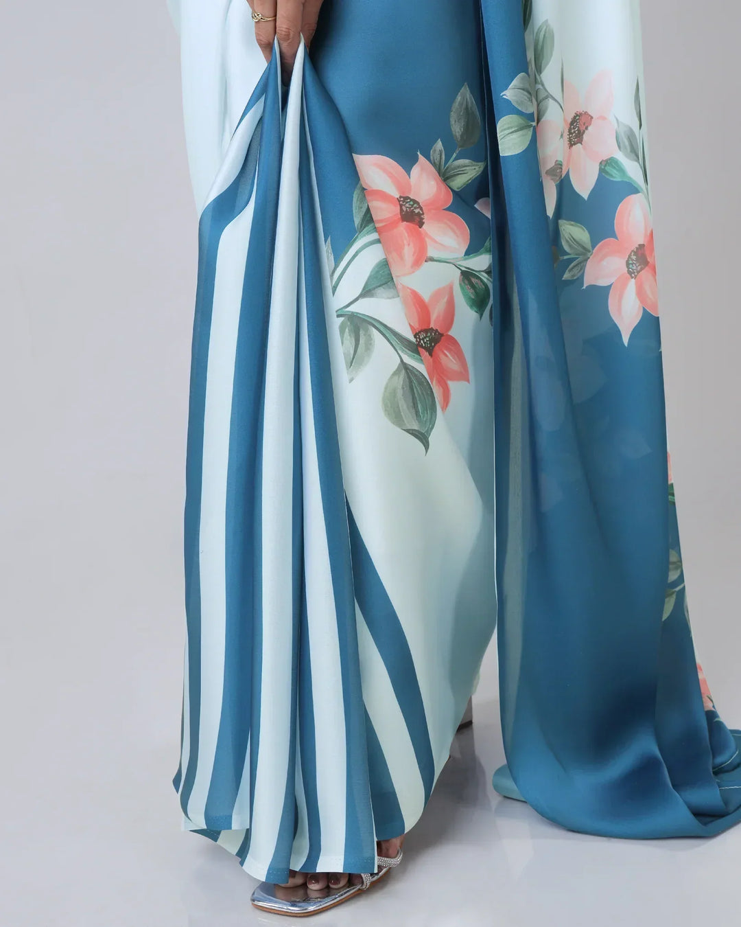 Icy Blue Designer Freehand Saree with Navy Starburst & Floral Print in Georgette Satin – Ready to Wear