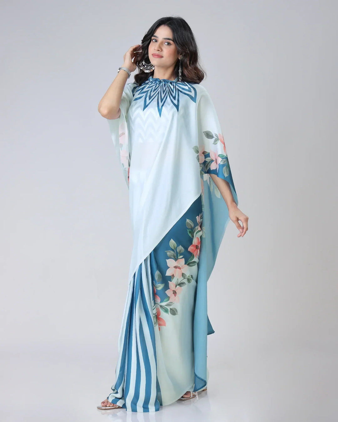 Icy Blue Designer Freehand Saree with Navy Starburst & Floral Print in Georgette Satin – Ready to Wear