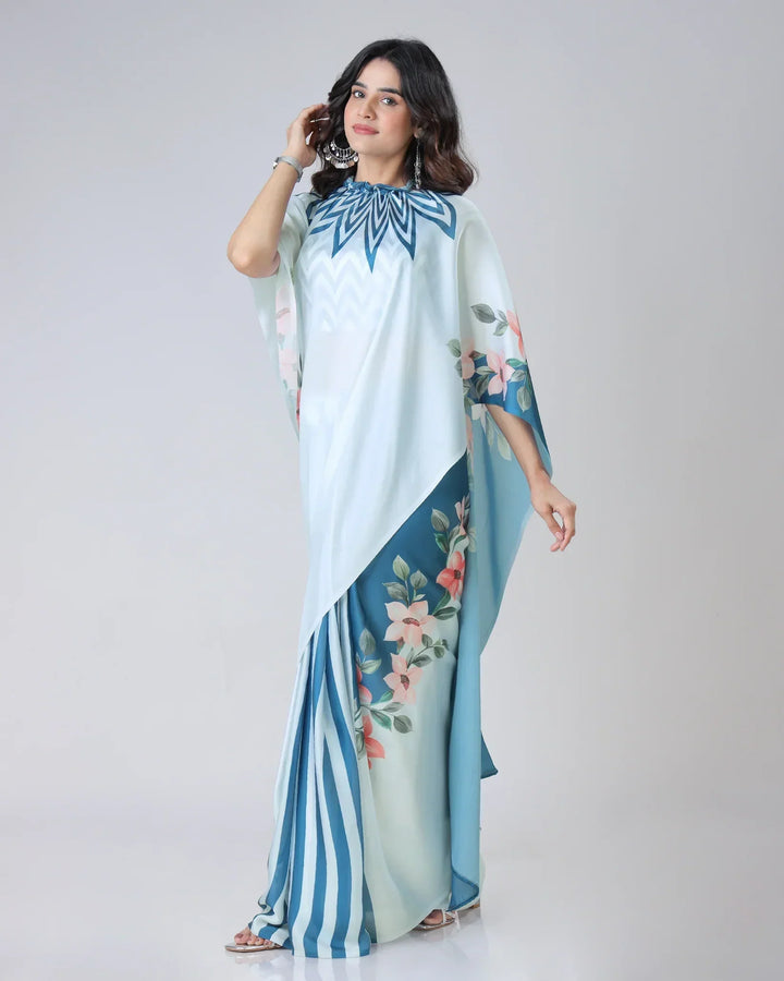Icy Blue Designer Freehand Saree with Navy Starburst & Floral Print in Georgette Satin – Ready to Wear