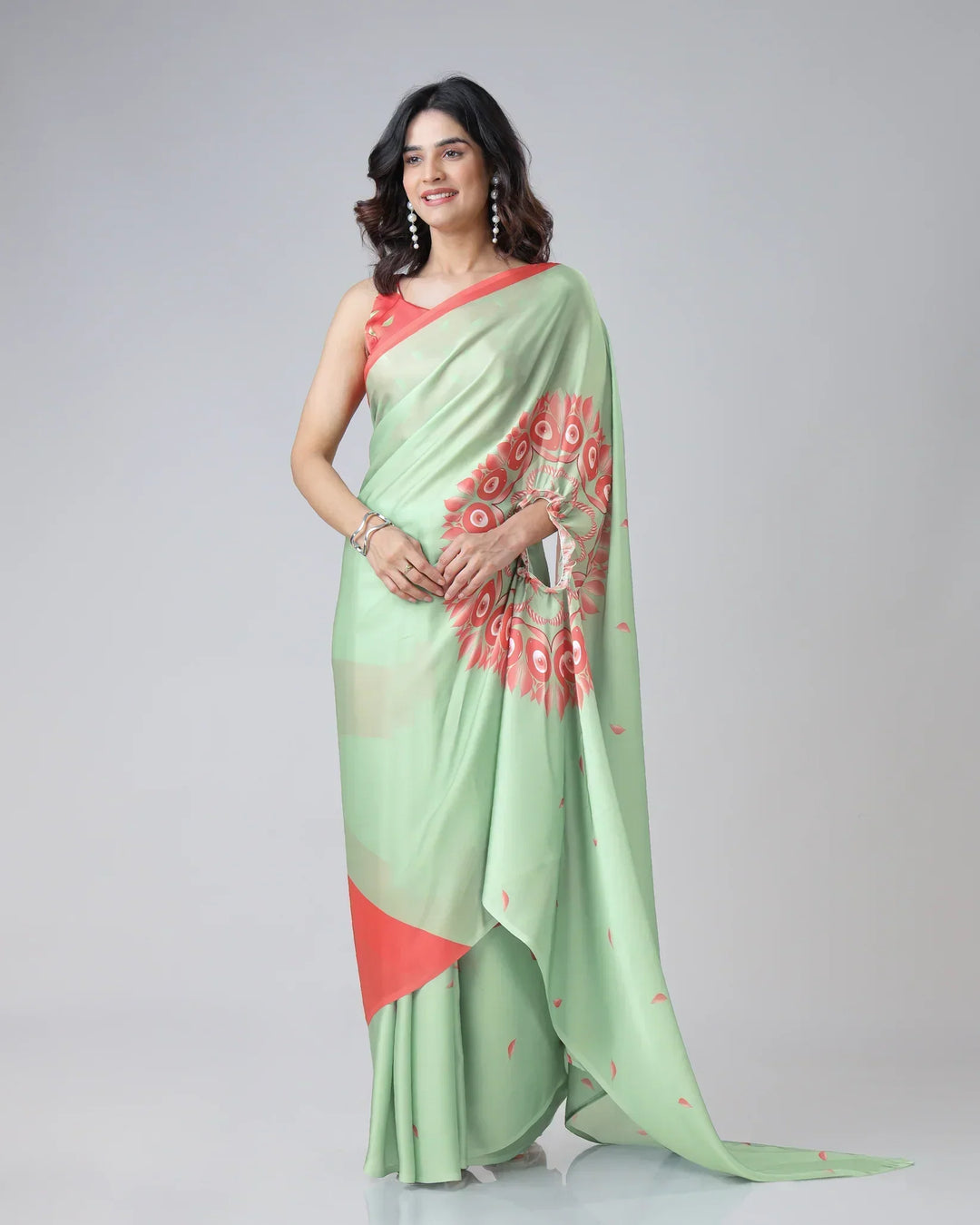 Mint Green & Coral Designer Freehand Printed Saree in Georgette Satin – Ready to Wear with Abstract Peacock Motif