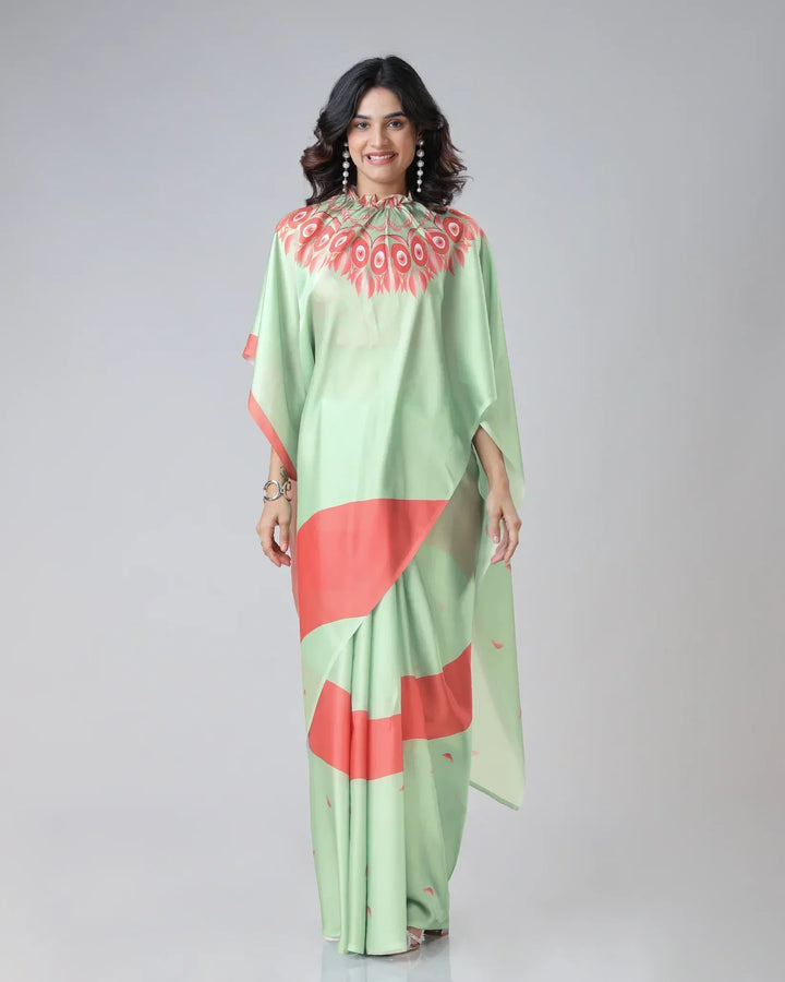 Mint Green & Coral Designer Freehand Printed Saree in Georgette Satin – Ready to Wear with Abstract Peacock Motif