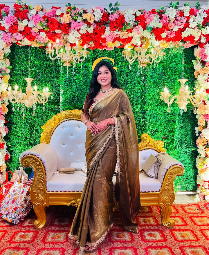 "Elegant Golden Silk Saree with Maroon Embroidered Blouse – Perfect for Weddings and Festive Occasions"
