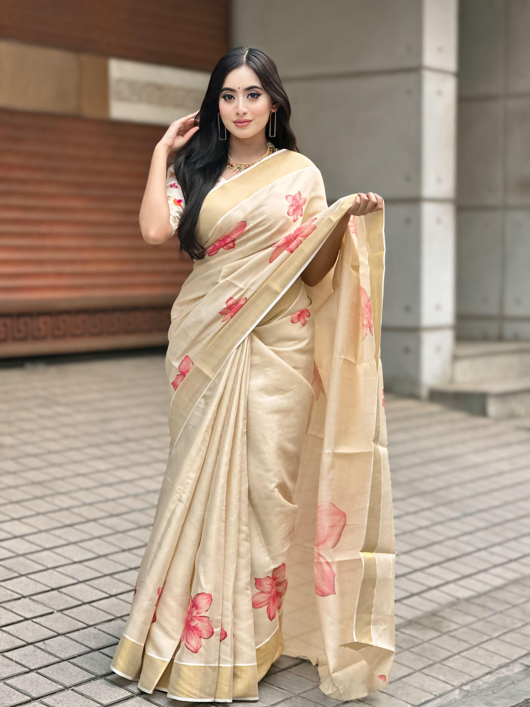 Elegant Beige Floral Print Gold Tissue Silk Saree for Women - Traditional Indian Attire with Pink Blossom Design