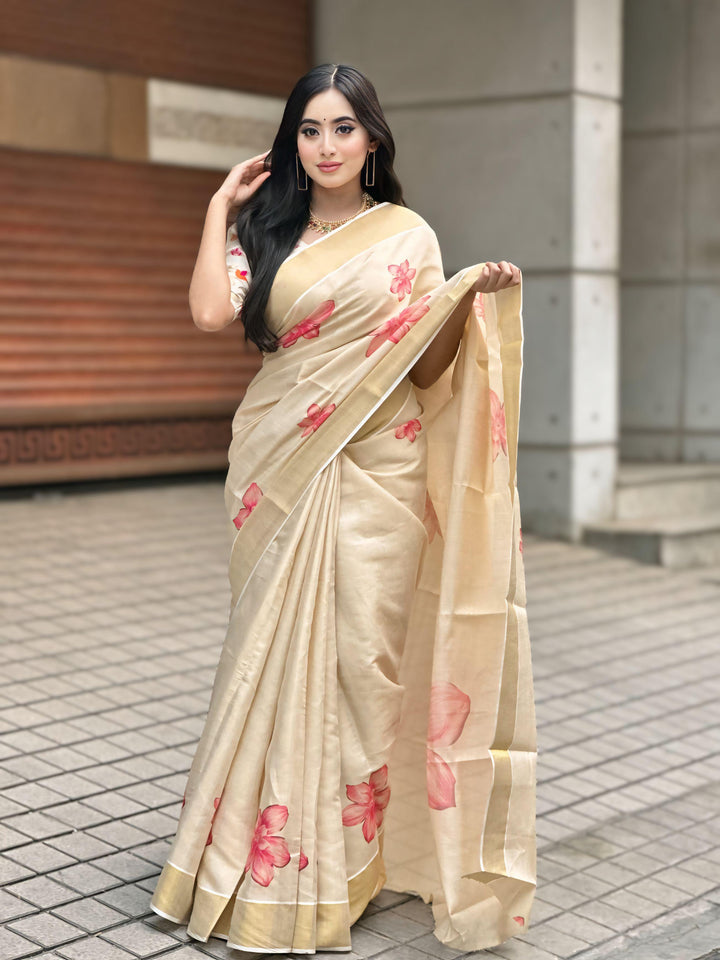 Elegant Beige Floral Print Gold Tissue Silk Saree for Women - Traditional Indian Attire with Pink Blossom Design