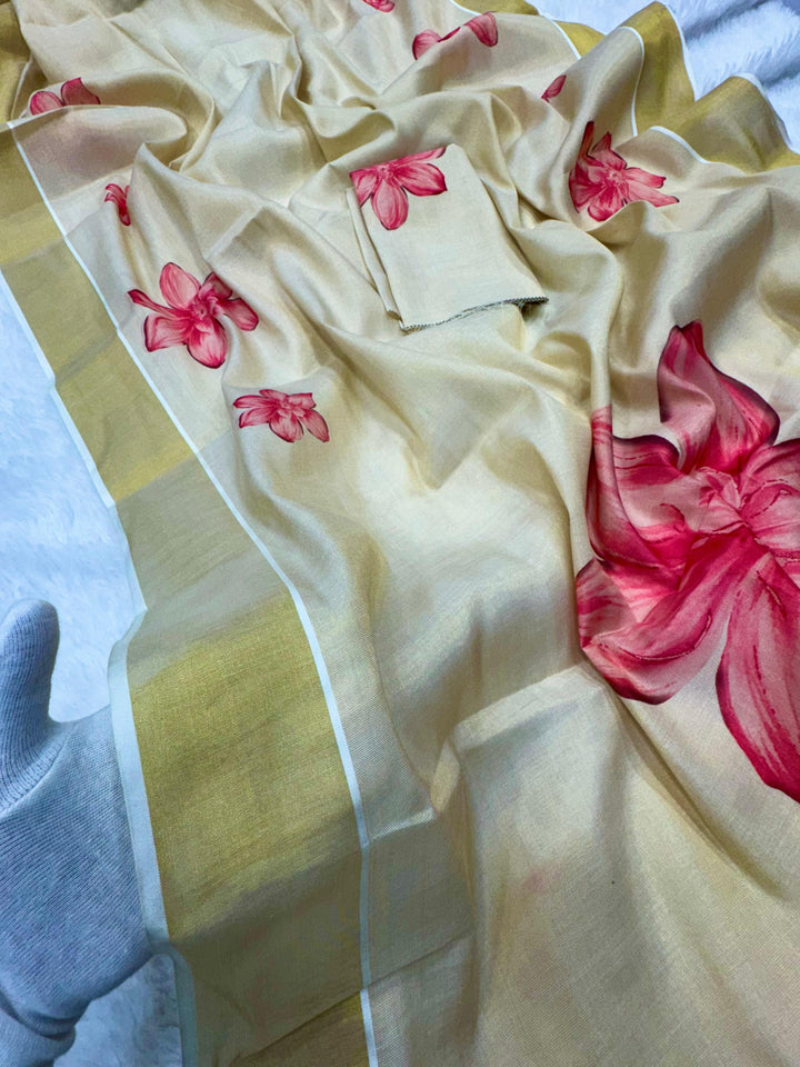 Elegant Beige Floral Print Gold Tissue Silk Saree for Women - Traditional Indian Attire with Pink Blossom Design