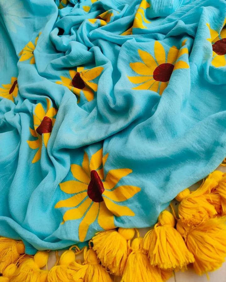 Elegant Linen Saree with Sunflower Print and Tassel Border – Lightweight Summer Wear