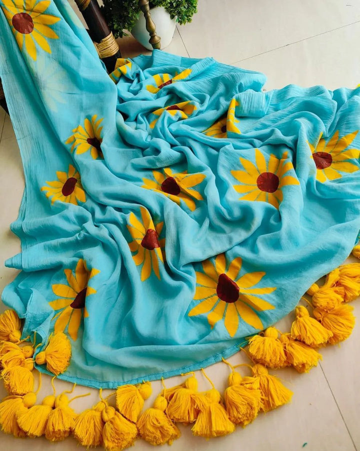 Elegant Linen Saree with Sunflower Print and Tassel Border – Lightweight Summer Wear