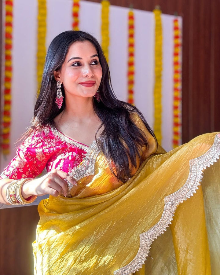 Gold Crush Saree with Embroidery Patti Border & Embroidered Blouse - Festive & Wedding Wear