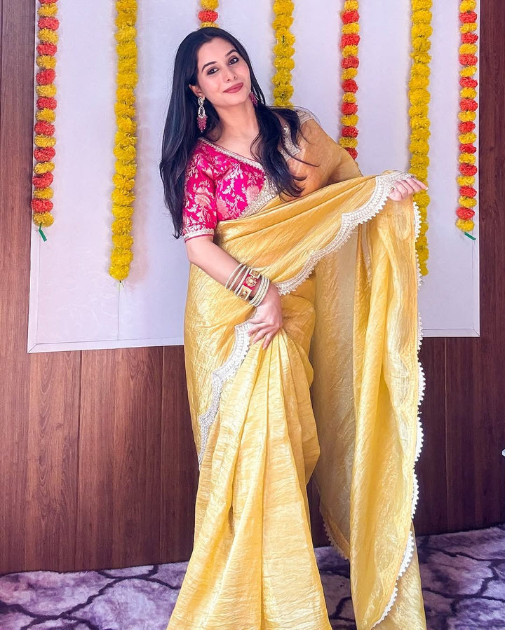 Gold Crush Saree with Embroidery Patti Border & Embroidered Blouse - Festive & Wedding Wear