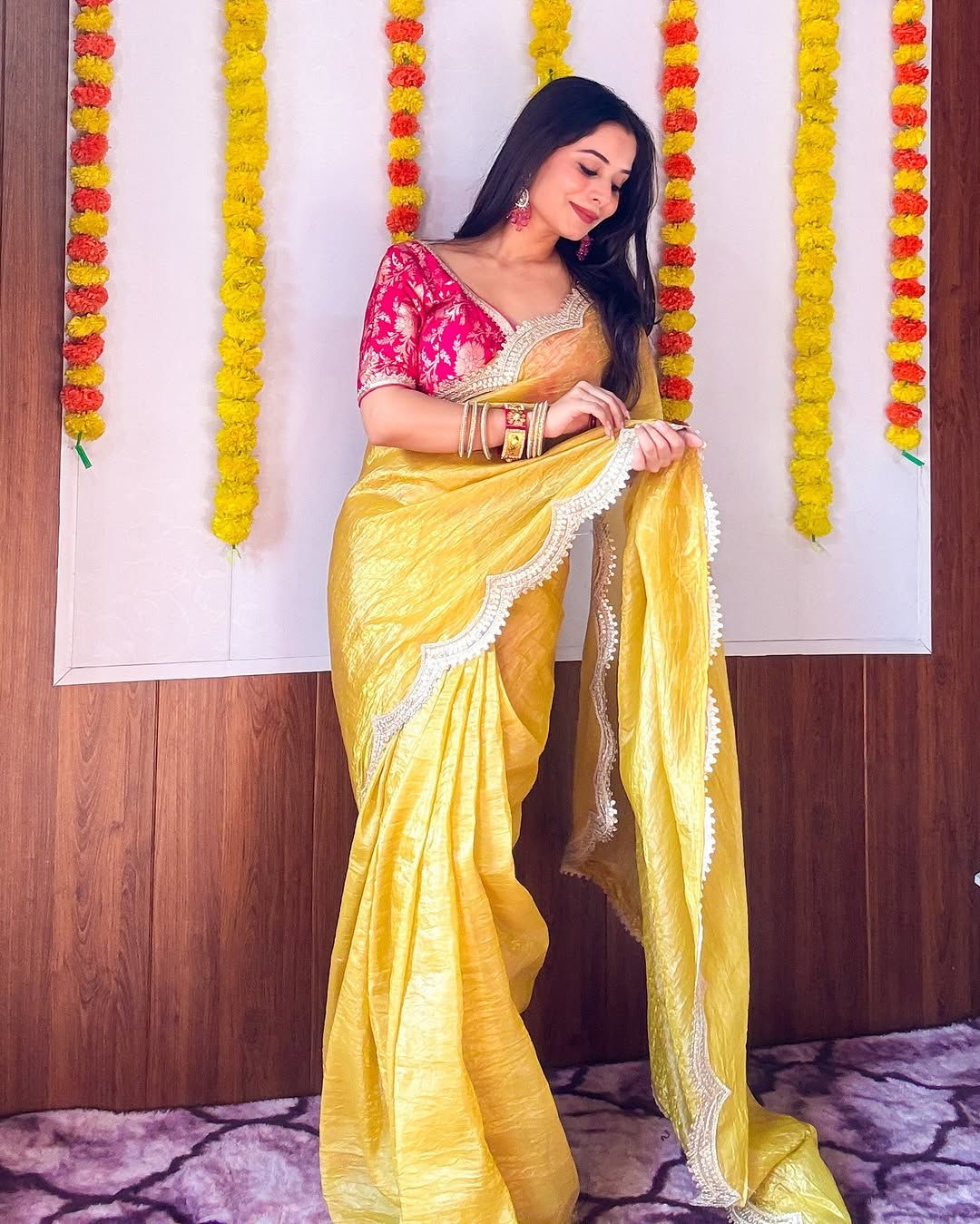 Gold Crush Saree with Embroidery Patti Border & Embroidered Blouse - Festive & Wedding Wear