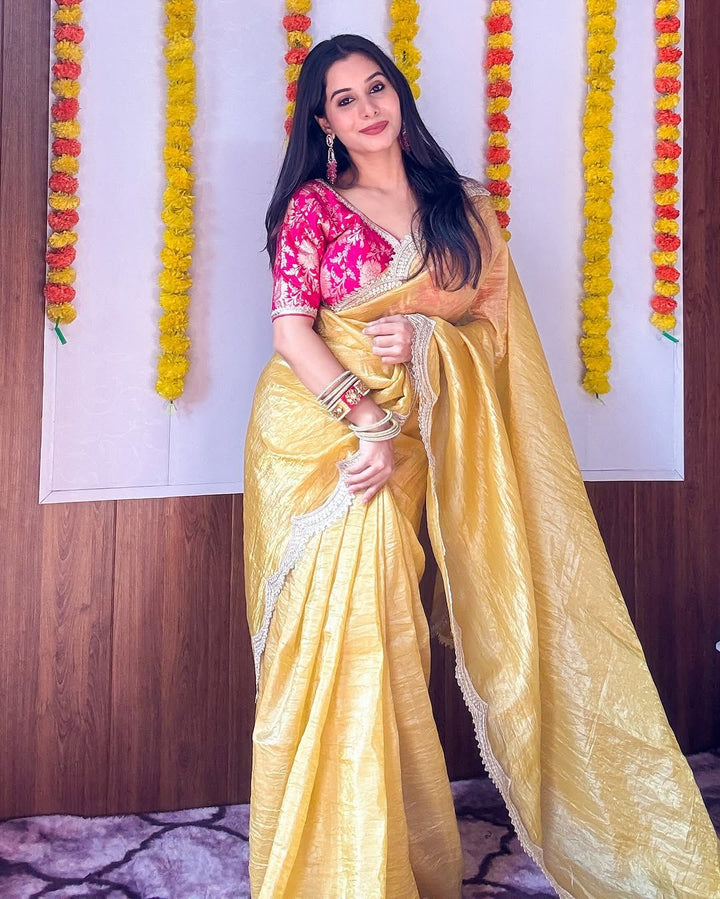 Gold Crush Saree with Embroidery Patti Border & Embroidered Blouse - Festive & Wedding Wear