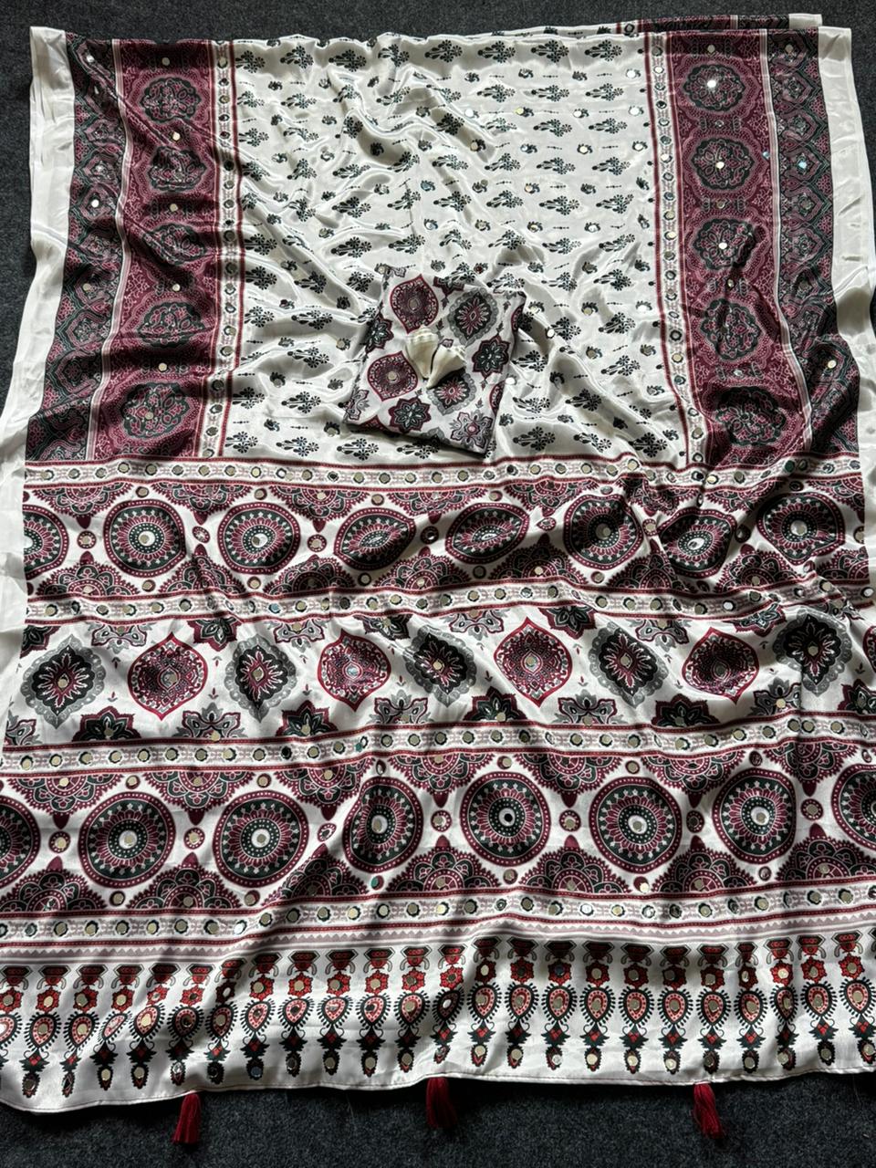Ivory Modal Silk Ajrakh Printed Saree with Traditional Floral Motifs, Heritage Border & Tassel Detailing