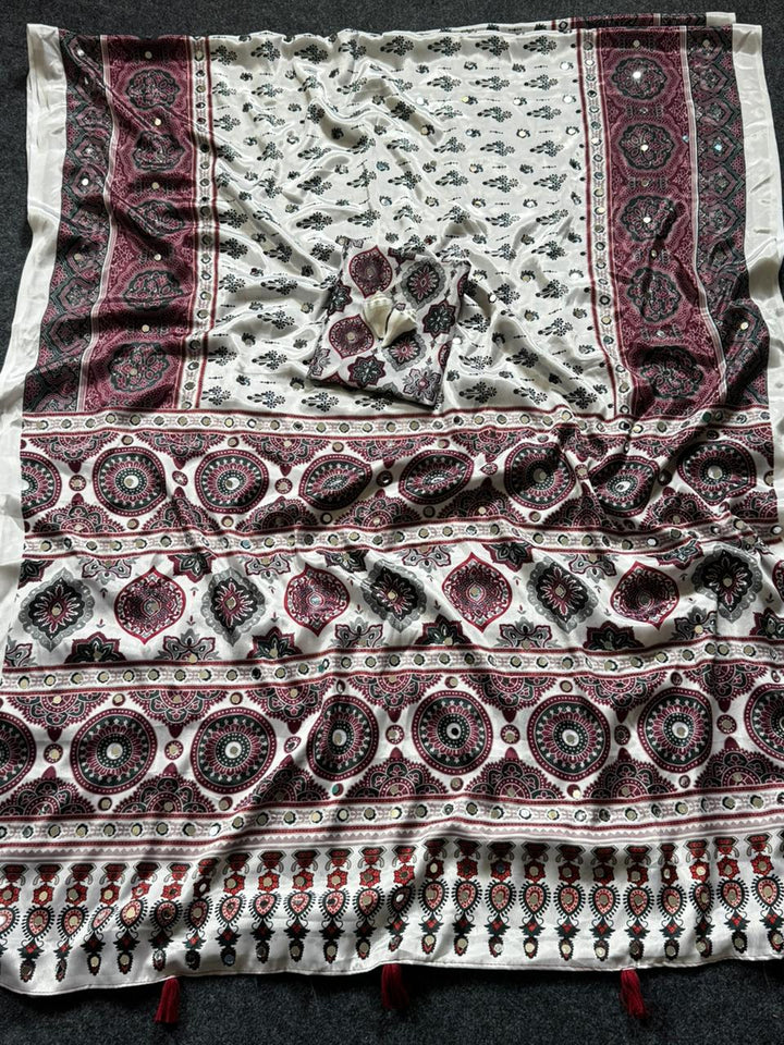 Ivory Modal Silk Ajrakh Printed Saree with Traditional Floral Motifs, Heritage Border & Tassel Detailing