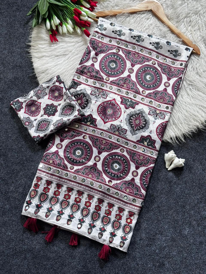 Ivory Modal Silk Ajrakh Printed Saree with Traditional Floral Motifs, Heritage Border & Tassel Detailing