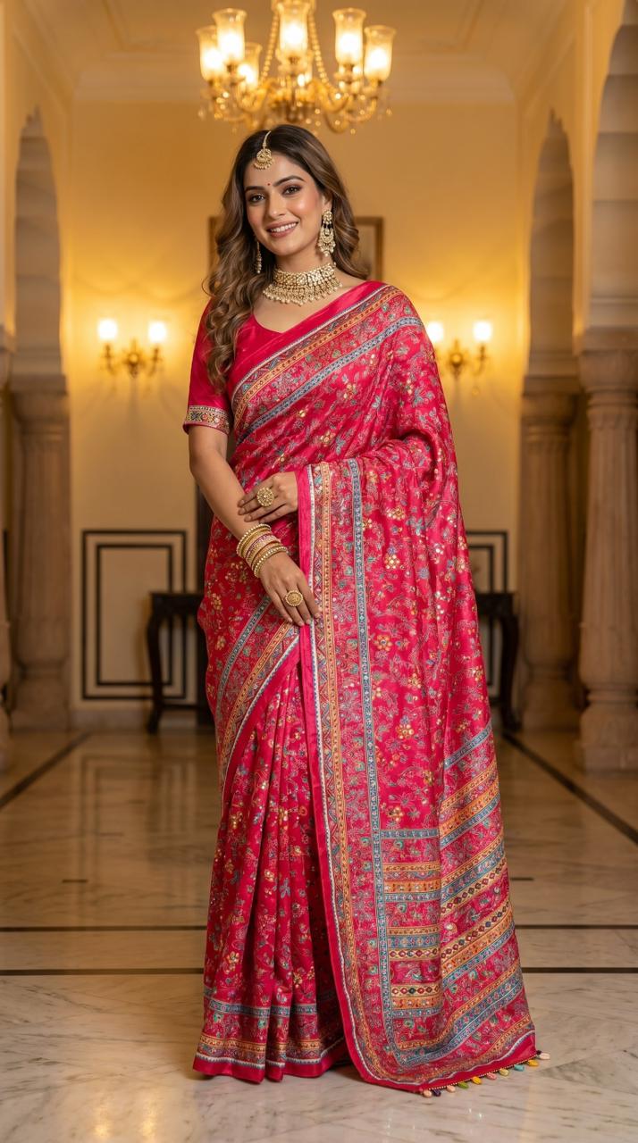 Rani Pink Floral Heritage Print Modal Silk Saree with Intricate Border, Designer Pallu & Tassel Detailing