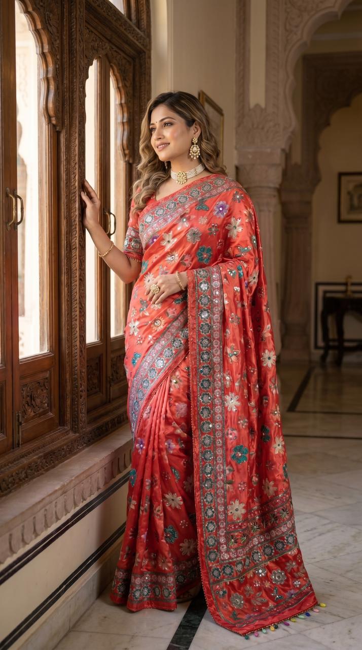 Coral Red Floral Print Modal Silk Saree with Designer Border, Artistic Bloom Motifs & Tassel Detailing