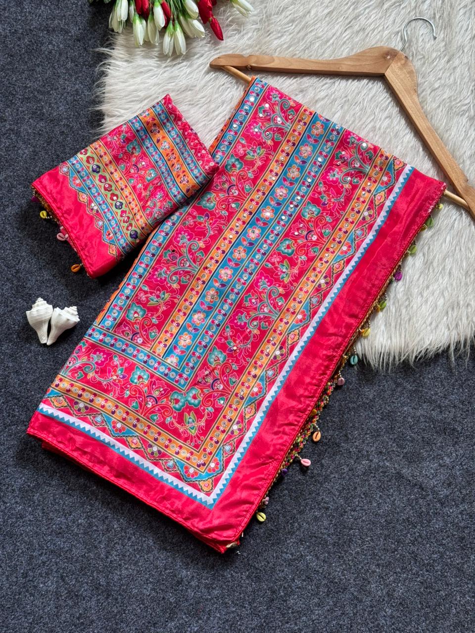 Rani Pink Floral Heritage Print Modal Silk Saree with Intricate Border, Designer Pallu & Tassel Detailing