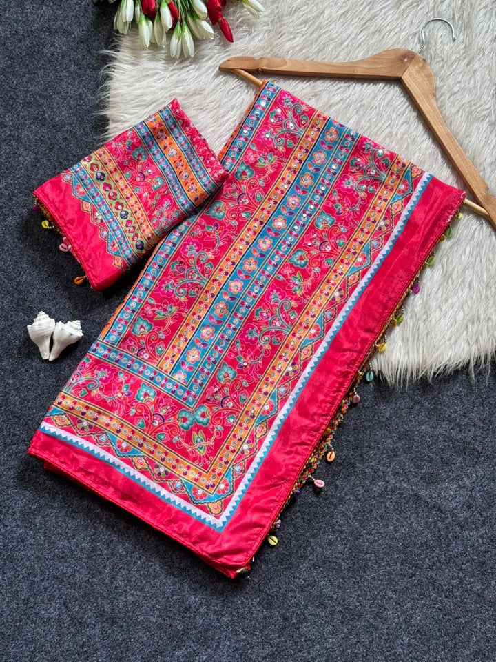 Rani Pink Floral Heritage Print Modal Silk Saree with Intricate Border, Designer Pallu & Tassel Detailing