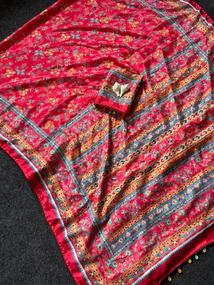 Rani Pink Floral Heritage Print Modal Silk Saree with Intricate Border, Designer Pallu & Tassel Detailing