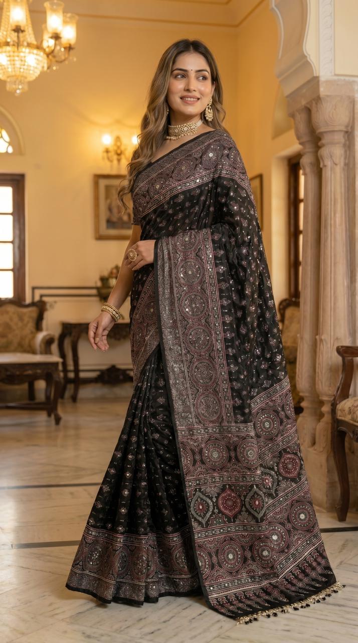 Black Modal Silk Ajrakh Printed Saree with Heritage Medallion Motifs, Rich Traditional Pallu & Tassel Detailing
