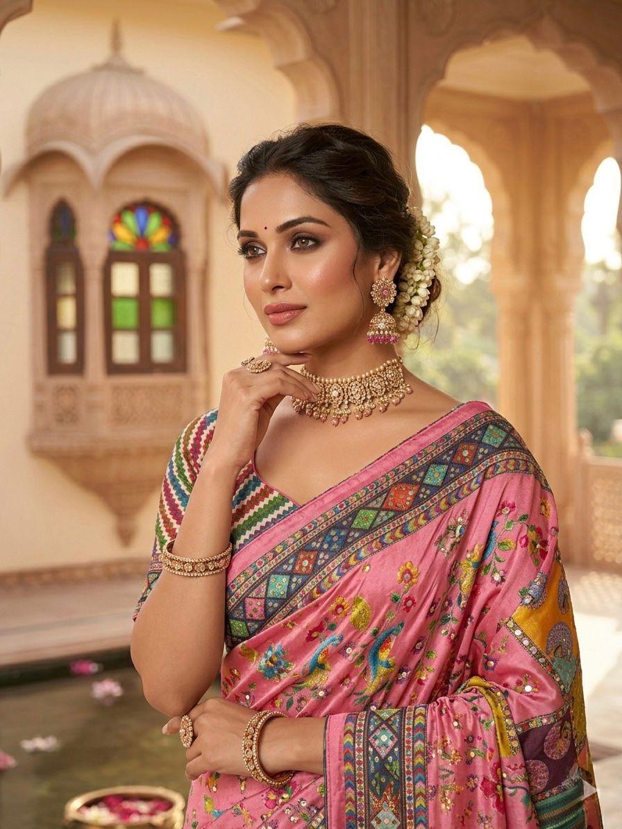 Pink Floral Heritage Print Modal Silk Saree with Multicolor Artistic Pallu, Traditional Border & Tassel Detailing