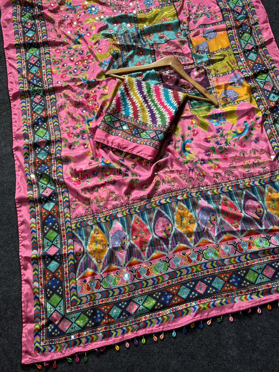Pink Floral Heritage Print Modal Silk Saree with Multicolor Artistic Pallu, Traditional Border & Tassel Detailing