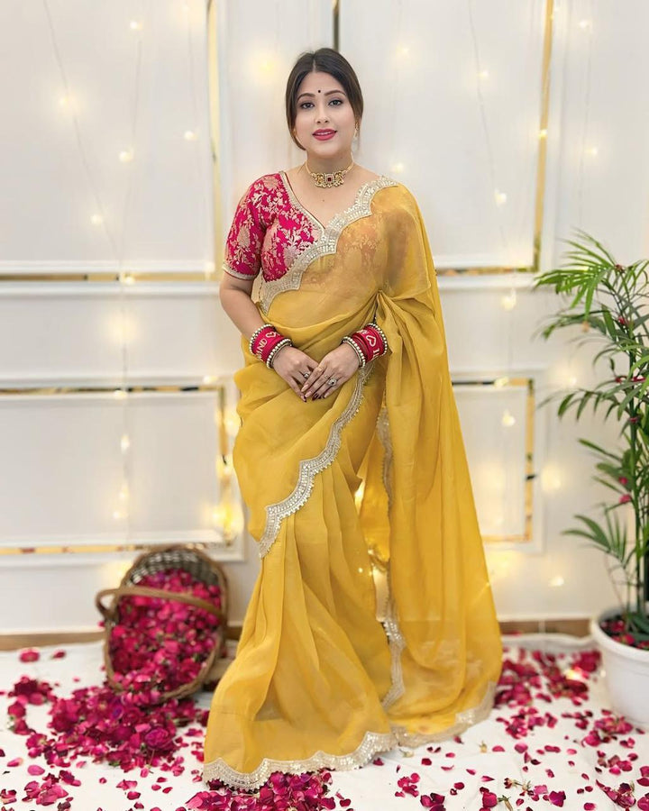 Gold Crush Saree with Embroidery Patti Border & Embroidered Blouse - Festive & Wedding Wear