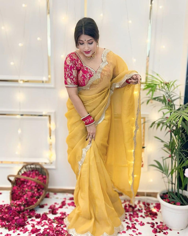 Gold Crush Saree with Embroidery Patti Border & Embroidered Blouse - Festive & Wedding Wear