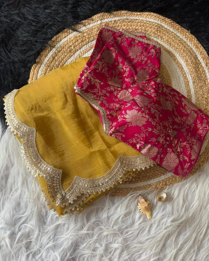 Gold Crush Saree with Embroidery Patti Border & Embroidered Blouse - Festive & Wedding Wear