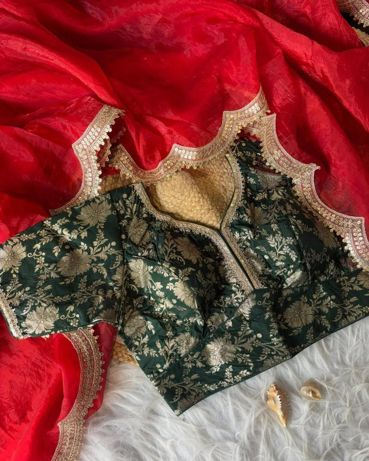 Gold Crush Saree with Embroidery Patti Border & Embroidered Blouse - Festive & Wedding Wear