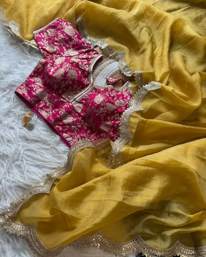 Gold Crush Saree with Embroidery Patti Border & Embroidered Blouse - Festive & Wedding Wear