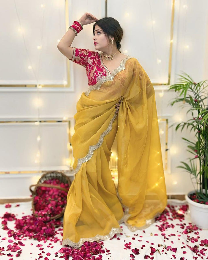 Gold Crush Saree with Embroidery Patti Border & Embroidered Blouse - Festive & Wedding Wear