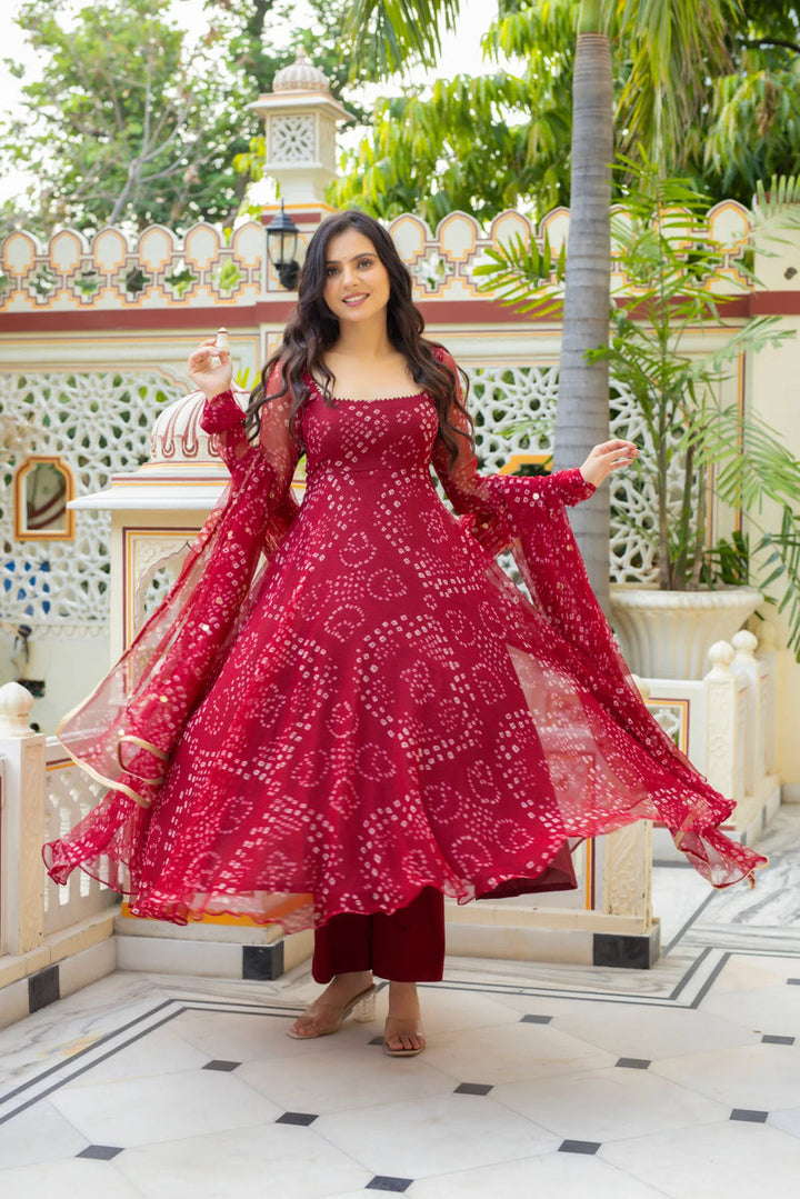 Women's Red Georgette 3-Piece Kurta Set with Lace Work & Dupatta