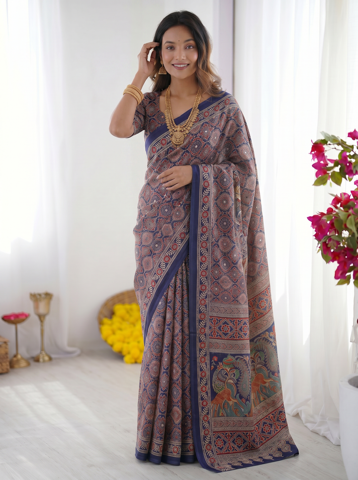 Royal Blue Modal Silk Saree with Intricate Ajrakh-Inspired Geometric Prints, Peacock Artistic Pallu & Traditional Border