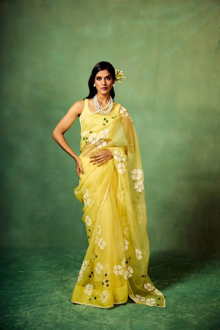 Lemon Yellow Pure Organza Saree with Hand-Painted White Floral Motifs & Sequin Detailing | Modal Satin Blouse
