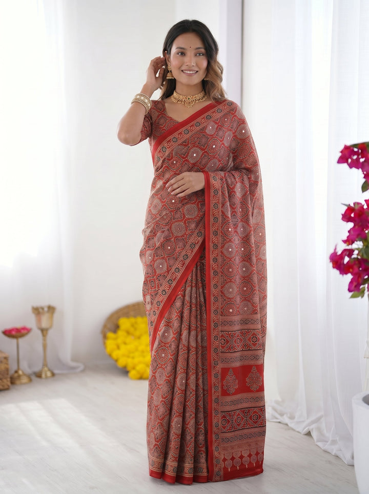 Rustic Brick Red Modal Silk Saree with Heritage Geometric Motifs, Traditional Designer Border & Artistic Pallu