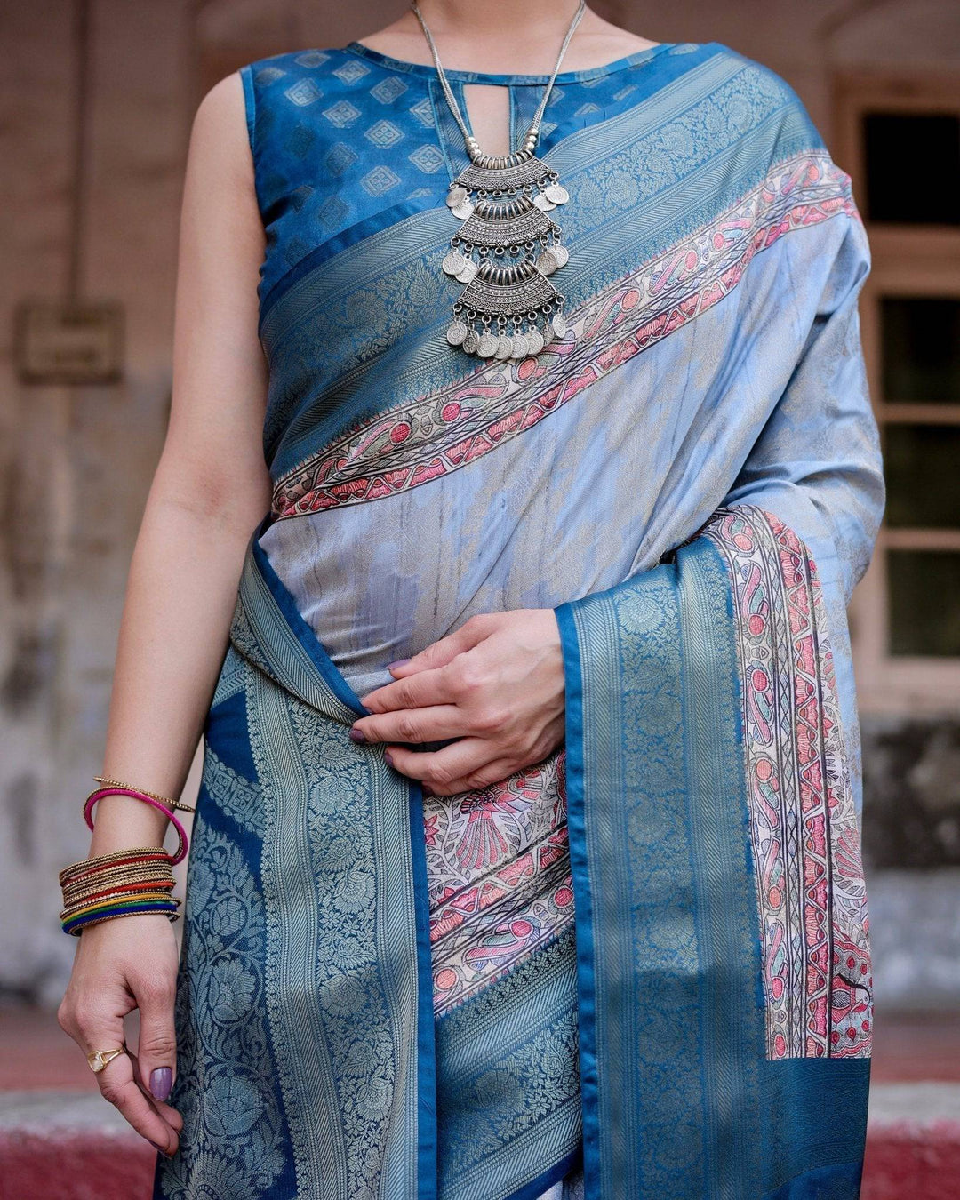 Elegant Blue and Beige Banarasi Silk Saree with Ornate Zari Weaving and Tassels RICH VARSHA H 1131-40