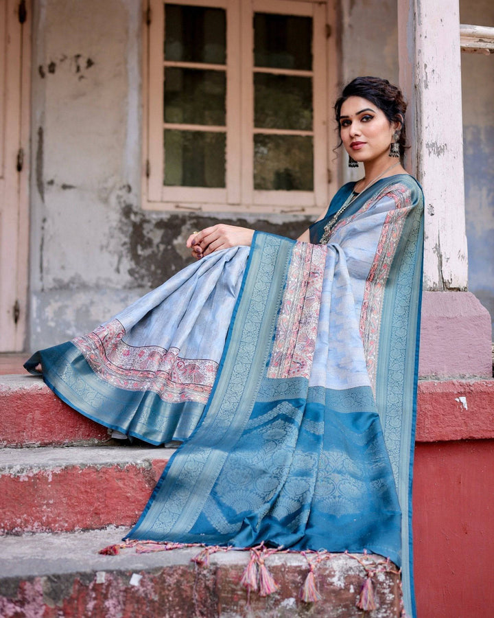 Elegant Blue and Beige Banarasi Silk Saree with Ornate Zari Weaving and Tassels RICH VARSHA H 1131-40