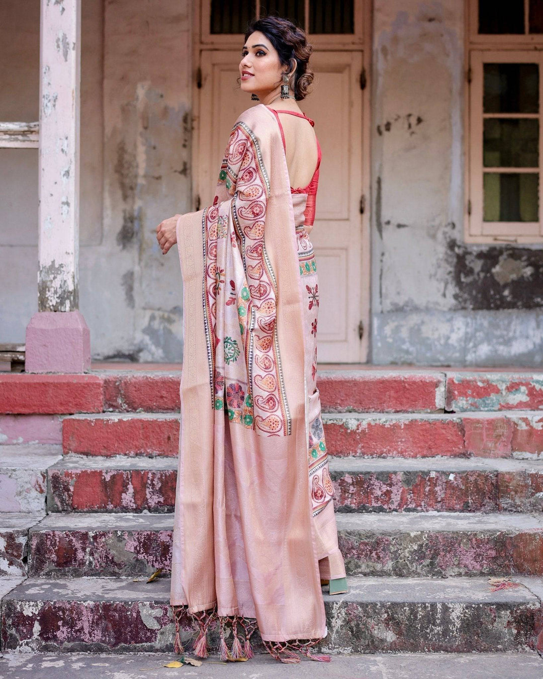 Peach Banarasi Silk Saree with Intricate Paisley and Floral Design RICH VARSHA H 1141-53