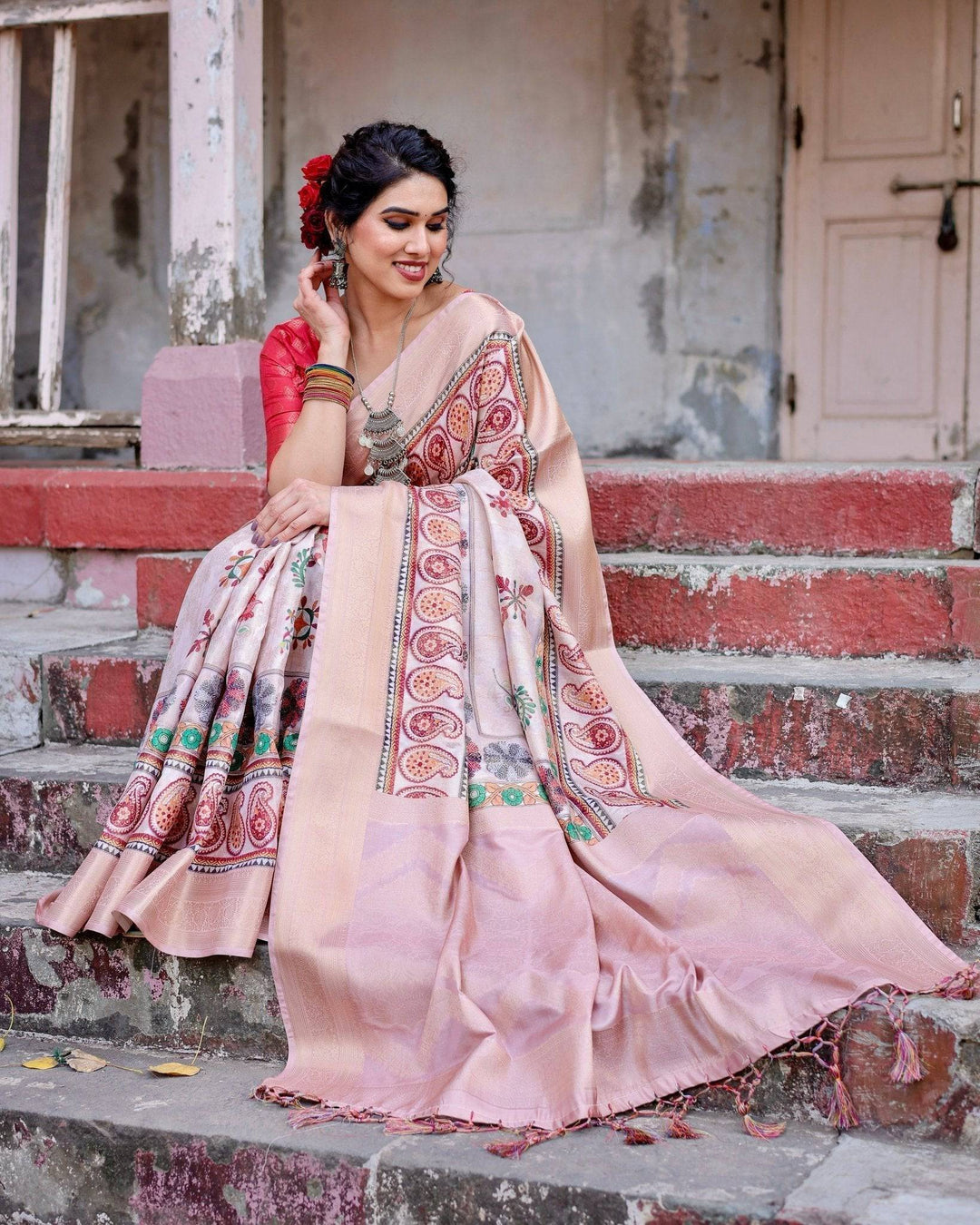 Peach Banarasi Silk Saree with Intricate Paisley and Floral Design RICH VARSHA H 1141-53