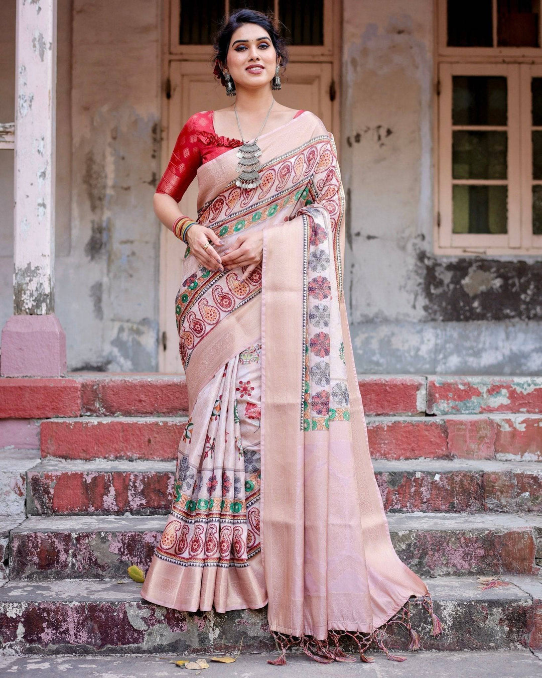 Peach Banarasi Silk Saree with Intricate Paisley and Floral Design RICH VARSHA H 1141-53